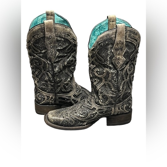 Women’s CORRAL grey sequin glitter inlay square toe cowgirl boots size 9 1/2 - Picture 6 of 15